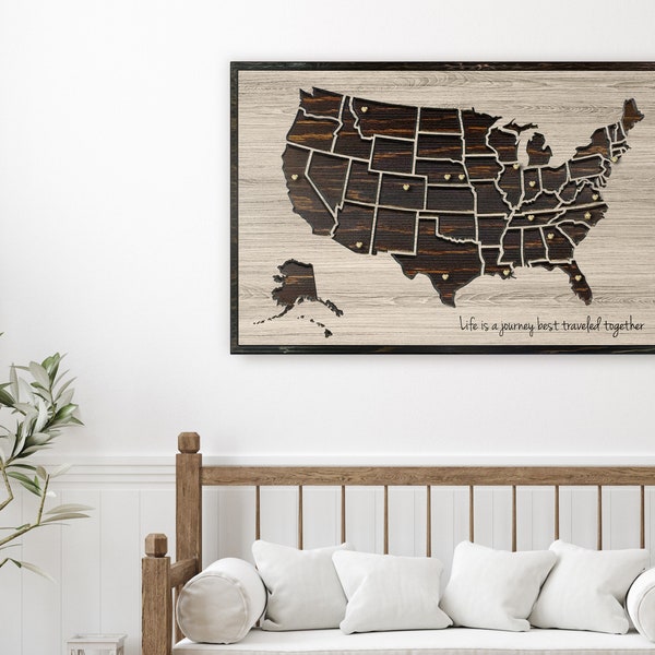 US Map Picture | Use push pins to mark travels and adventures | excellent wedding anniversary gift idea | carved into wood | personalized