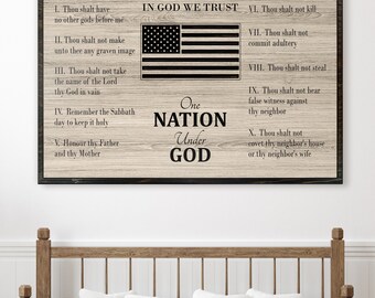 May include: A wood-grain background with a black and white American flag and the text "In God We Trust" and "One Nation Under God". The Ten Commandments are listed below the flag.