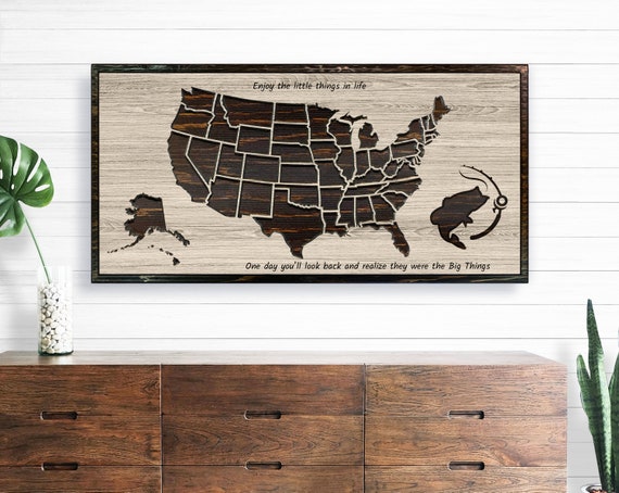 US Fishing Travel Map, US Push Pin Map, Carved Wooden Map, Customize the  Text, Fishing Adventure Map, Gift for Fishermen 