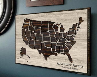 Wood map of the US - Carved US push pin map wood wall art - To travel is to live - Framed modern farmhouse wall decor - Mark locations