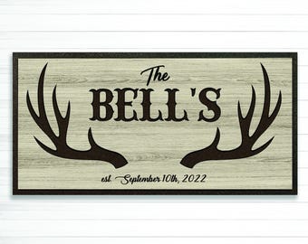 Established sign - Last name Sign - Deer antler family name sign - Carved wood sign - Deer wood wall art - Gift for Hunter