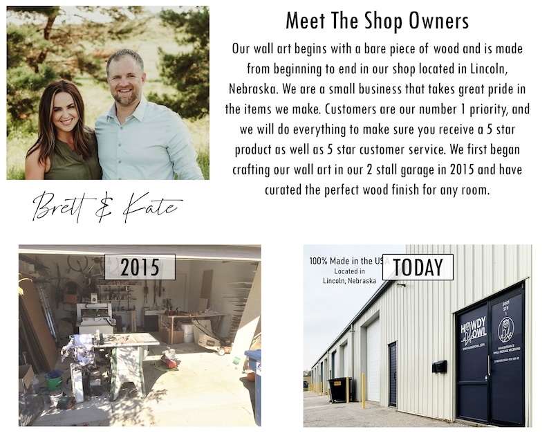 May include: A couple stands in front of a wood wall, smiling. The text "Brett & Kate" is written below them. The image shows the couple's business, Howdy Owl, growing from a 2-stall garage in 2015 to a larger building today. The text "100% Made in the US, Located in Lincoln, Nebraska" is visible in the image.