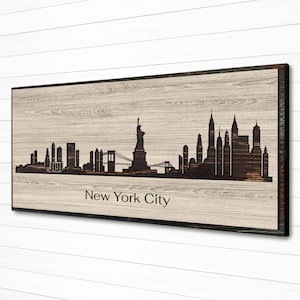 New York City Skyline Wood Wall Art - Carved and Handcrafted - Customize with your own text - Wedding or Anniversary Gift Idea