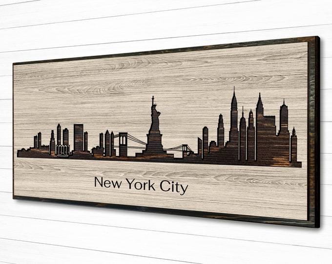 New York City Skyline Wood Wall Art - Carved and Handcrafted - Customize with your own text - Wedding or Anniversary Gift Idea