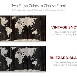 K&ouml;nnte beinhalten: Zwei Holz-Weltkarten-Wanddekorationen: Vintage Snow mit einer abgenutzten braunen Oberfl&auml;che und einer dunkelbraunen Schnitzerei und Blizzard Black mit einer abgenutzten grauen Oberfl&auml;che und einer schwarzen Schnitzerei.