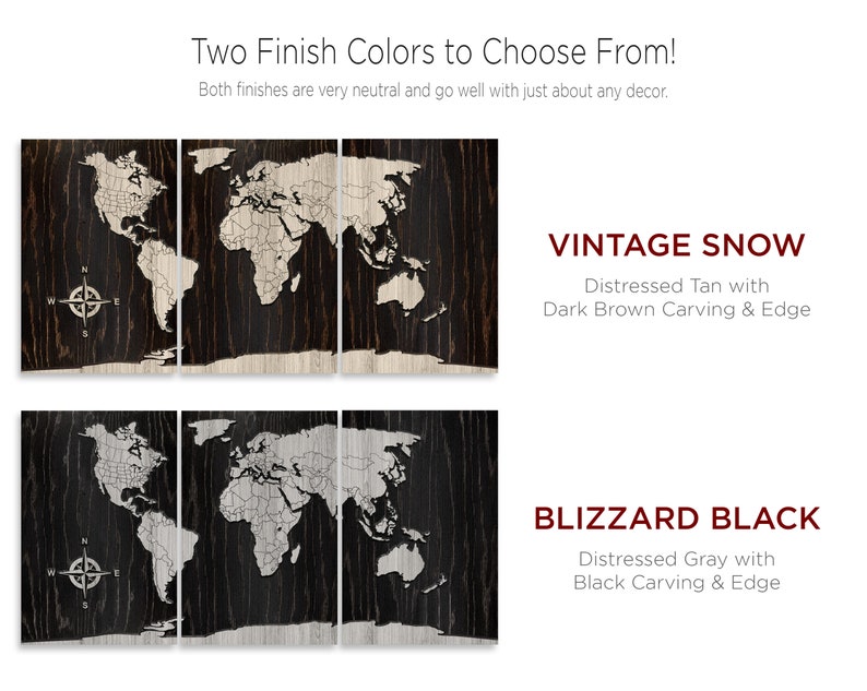 K&ouml;nnte beinhalten: Zwei Holz-Weltkarten-Wanddekorationen: Vintage Snow mit einer abgenutzten braunen Oberfl&auml;che und einer dunkelbraunen Schnitzerei und Blizzard Black mit einer abgenutzten grauen Oberfl&auml;che und einer schwarzen Schnitzerei.
