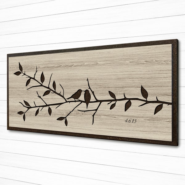 Anniversary Gift, Love Birds, Bird & Branch Art, Carved, Wood Wall Art, 3D, Leaves, Tree Art, Nature Art, Gift for Husband, Wife, Wedding