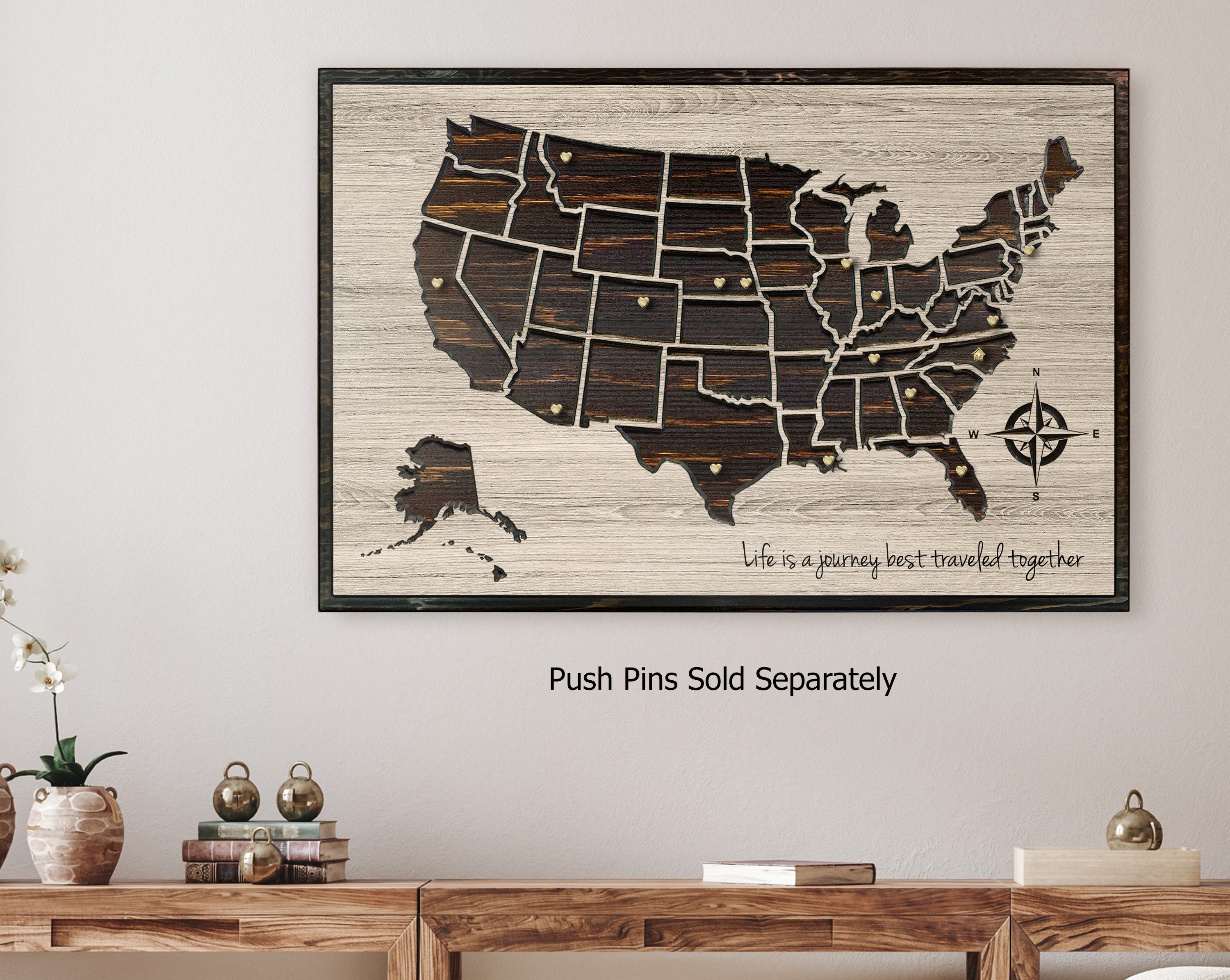 Push Pin Map USA US Map Wall Art With Compass Pin Wood - Etsy