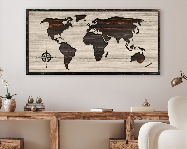 Carved Wood World Map, Rustic Home Wall Decor image 1