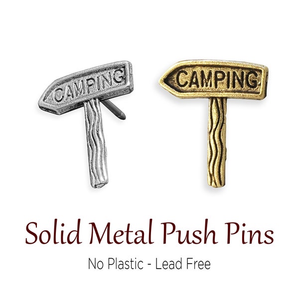 Unique Gold & Silver Camping Post Push Pins, Campground Sign Pushpin, Solid Metal No Plastic, Mark Campsites or National Parks