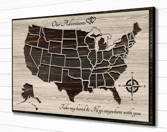Wood US Travel Map – Push Pin Wall Art, Anniversary Gift