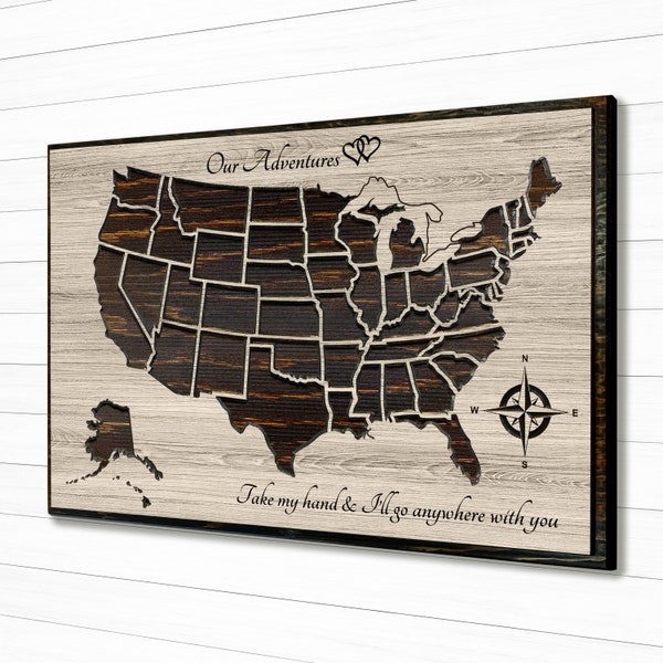 Wood US Travel Map – Push Pin Wall Art, Anniversary Gift