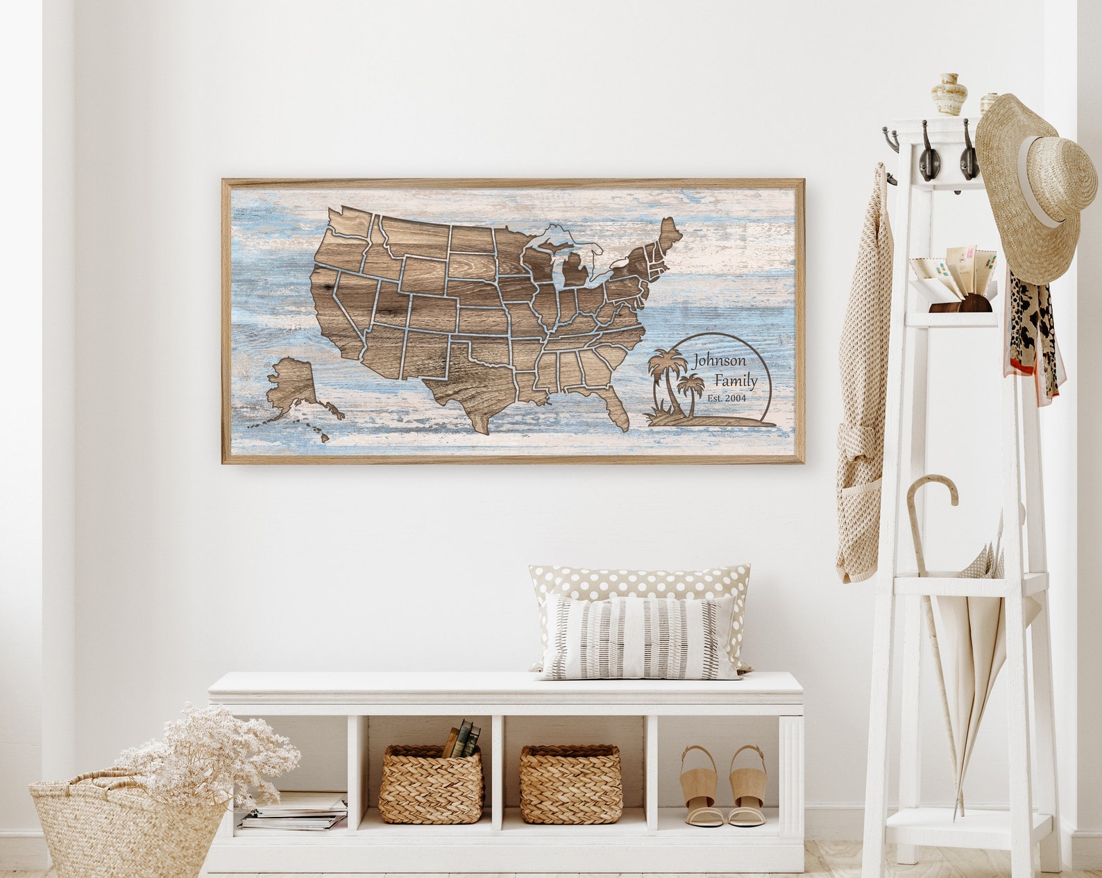 Wrapped Map Beach US Map, Framed Canvas Wrapped Map, Palm Tree Beach Art, Beach ...