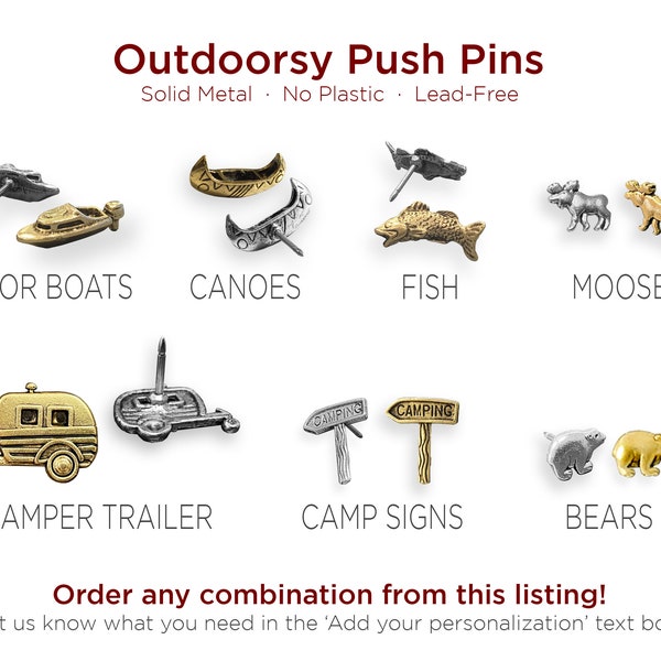 Outdoorsy Push Pins, Mix and Match Solid Metal Push Pins, Gold & Silver Travel Markers, Mark Map Locations, Quality Pushpin No Plastic