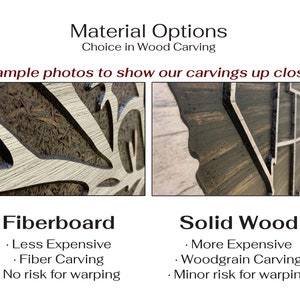 May include: Close-up comparison of two wood carving samples. The left image shows a fiberboard carving with a light brown background and white carving. The right image shows a solid wood carving with a dark brown background and white carving. Text below the images describes the material options: Fiberboard - Less Expensive, Fiber Carving, No risk for warping. Solid Wood - More Expensive, Woodgrain Carving, Minor risk for warping.