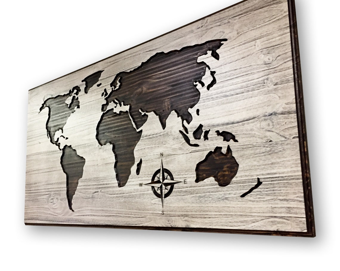 Carved World Map Art Wood Wall Art Wooden Map Solid Wood Etsy