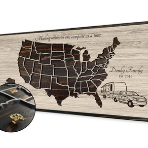 Carte des États-Unis avec punaises de camping - Utilisez nos punaises pour camping-cars pour marquer vos voyages et vos aventures - Idée cadeau de retraite