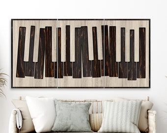 May include: A three-panel wall art piece featuring a black and white piano keyboard design on a woodgrain background.