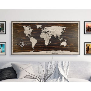 Art mural carte du monde | Carte en bois sculpté | Lignes nationales et nationales | Texte personnalisé | Léger, facile à accrocher | Utilisez des punaises pour marquer le voyage