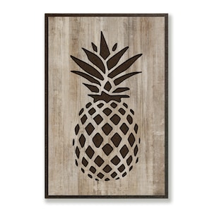May include: A brown wooden sign with a black silhouette of a pineapple on it.