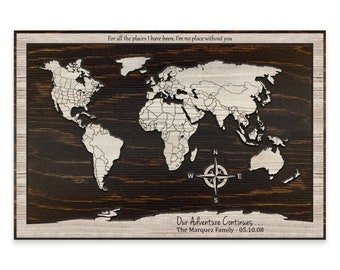 Home Wall Decor World Map Wall Art, customized with your own text, push pin friendly to mark your travels, Wedding anniversary gift idea