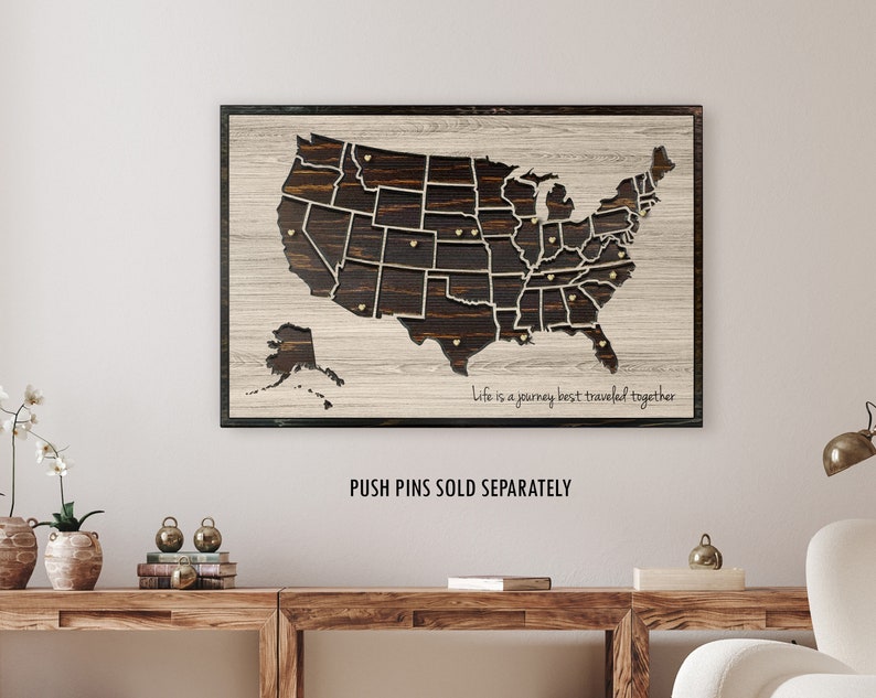 Push Pin Map, Map to Mark Travels, Travel Log, US Map Wall Art, Anniversary Gift, Wedding Gift Idea, Gift for Husband, Wife, Wedding Shower image 2