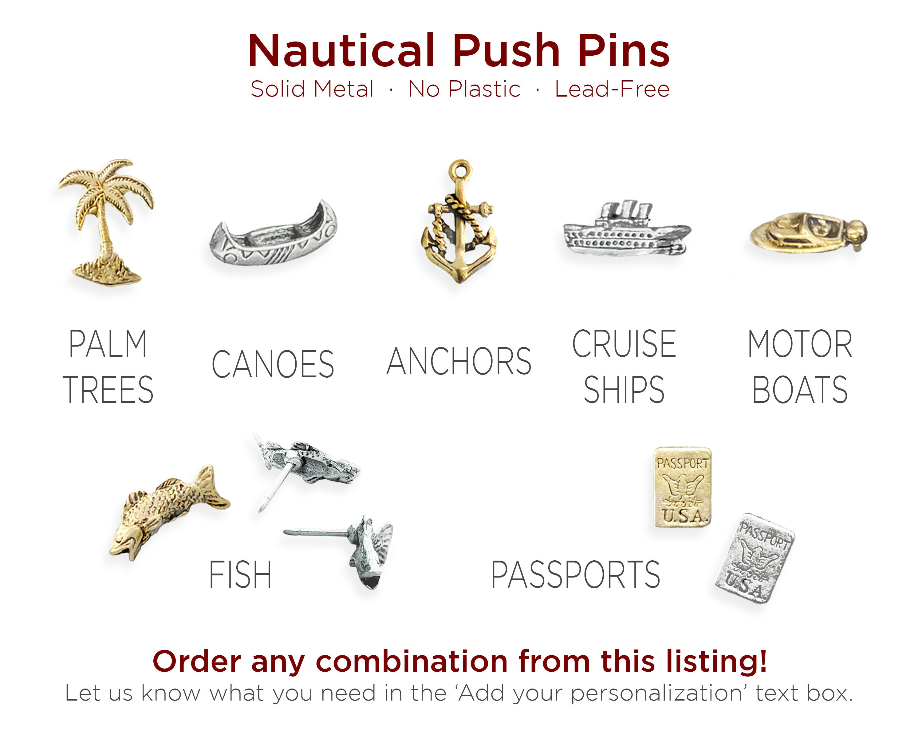 Combination Travel Push Pins, Mix & Match Map Markers, Metal Thumb ...