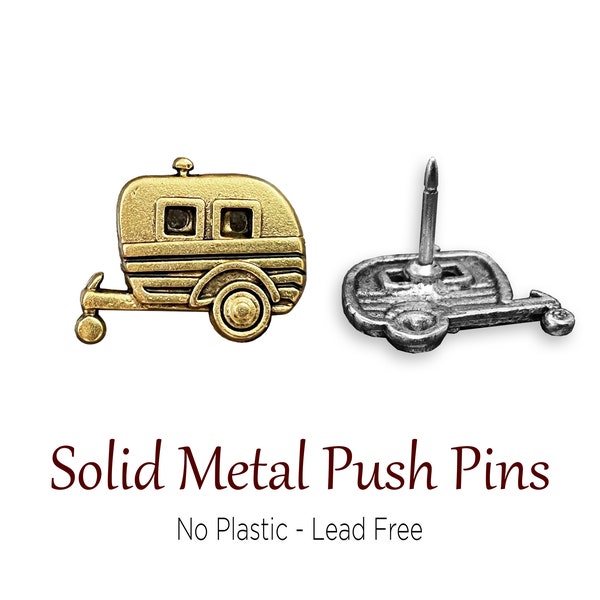 Silver & Gold Retro Camper Trailer Push Pins, Golden Car Pushpin, Solid Metal No Plastic, RV Pin, Mark Travels and Campgrounds