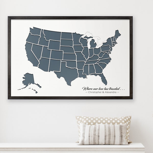 US Map Wall Decor, White background with Earth Tone Blue, Push Pin Map, Personalized with your own text, Framed Wall Art, Family Name Sign