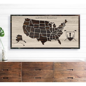Golf Course Bucket List Map - wood carved map that you can pin your adventures - unique gift idea for any golfer to mark golf courses