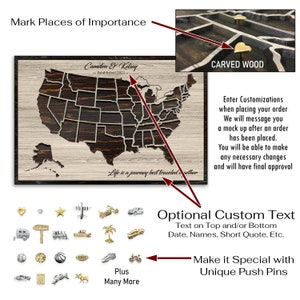 Mapa Push Pin, Mapa para marcar viajes, Registro de viaje, Arte de pared de mapa de EE. UU., Regalo de aniversario, Idea de regalo de boda, Regalo para esposo, esposa, Ducha de boda imagen 4