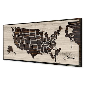 Carte d'escalade des États-Unis avec punaises sculptée dans du bois - Idée cadeau parfaite pour les grimpeurs - personnalisez le texte - Art mural montagne d'escalade