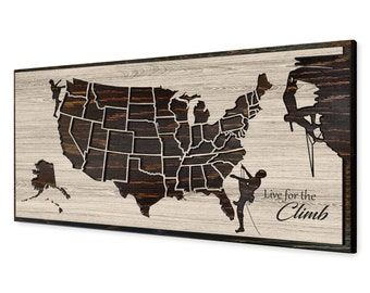 Rock Climbing US Push Pin Map - Carved Wood Mountain Wall Art