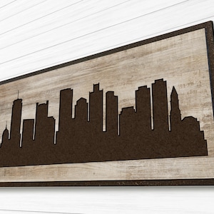 Boston Massachusettes City Skyline decoración de la pared del hogar arte de la pared de madera, madera tallada, ligero fácil de colgar, añadir citas de fechas de nombres