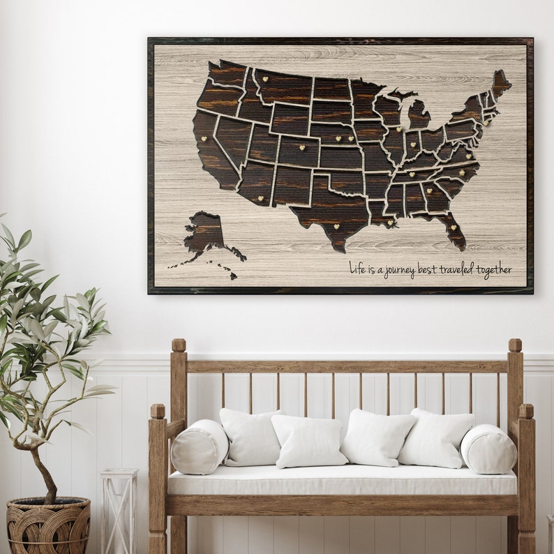 Push Pin Map, Map to Mark Travels, Travel Log, US Map Wall Art, Anniversary Gift, Wedding Gift Idea, Gift for Husband, Wife, Wedding Shower image 3
