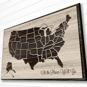 US Map Picture - Push Pin Map to Mark Travels - Wedding Anniversary Gift Idea - Wood Carved Map - Home and Office Wall Decor