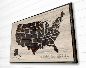Wood Carved US Map – Push Pin Travel Tracker, Anniversary Gift