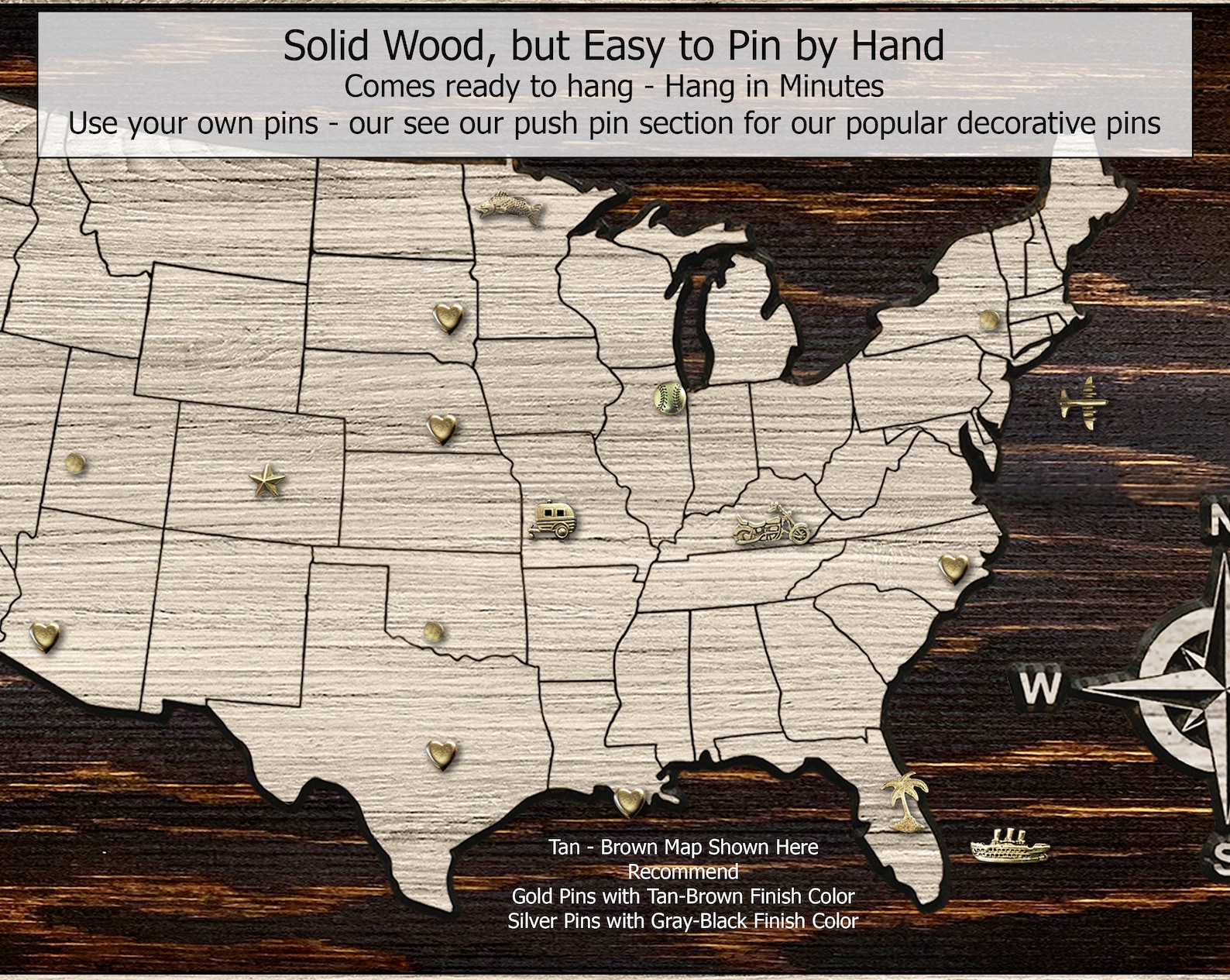 Push Pin Map USA US Push Pin Map Carved Into Solid Wood - Etsy