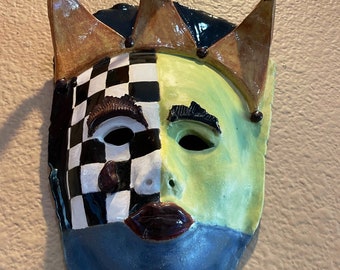 Unique Ceramic Wall Art | Hand Painted Ceramic Mask | Decorative Art | Harlequin Homage | Hand Painted Wall hanging Mask |