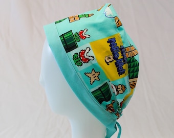 Super Mario Brothers 8-Bit Arcade Blue Surgical Scrub Cap Chemo Dental Hat