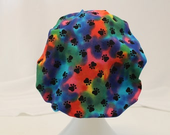 Rainbow Paws Print Bouffant Surgical Dental Scrub Cap Chemo Hat