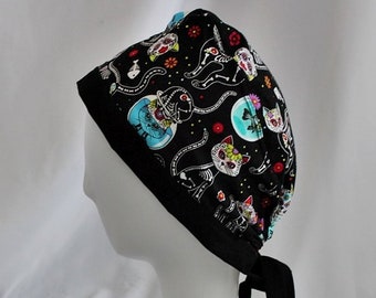 Cats with Fish Sugar Skull Día de Muertos Surgical Scrub Cap Dentist Vet Chemo Hat