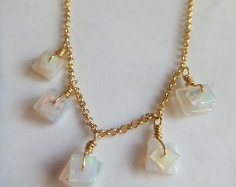 Ethiopian Opal Squares And Gold Vermeil Sterling Silver 16 Inch Necklace.