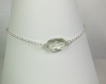 Green Amethsyt (Prasiolite), Sterling Silver 7 Inch Rolo Chain Bracelet With 1 Inch Extender.