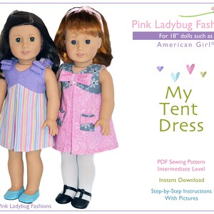 Puede incluir: Un patrón de costura PDF para un vestido de muñeca llamado "Mi vestido tienda de campaña". El patrón es para muñecas de 45,7 cm como las muñecas American Girl. El patrón es de nivel intermedio e incluye instrucciones paso a paso con imágenes.