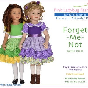 May include: A sewing pattern for a "Forget-Me-Not" ruffle dress for 20 inch dolls. The pattern includes step-by-step instructions with pictures and is available for instant download. The pattern is for an intermediate sewing level.
