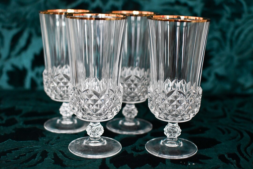 Set of 4 Cristal C'arques Iced Tea Pedestal Glasses // Gold Rim Cut