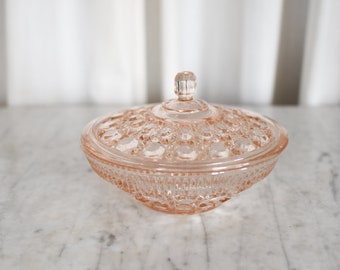 Indiana Glass Pink Cut Glass Lidded Dish // Colored Glass Candy Dish