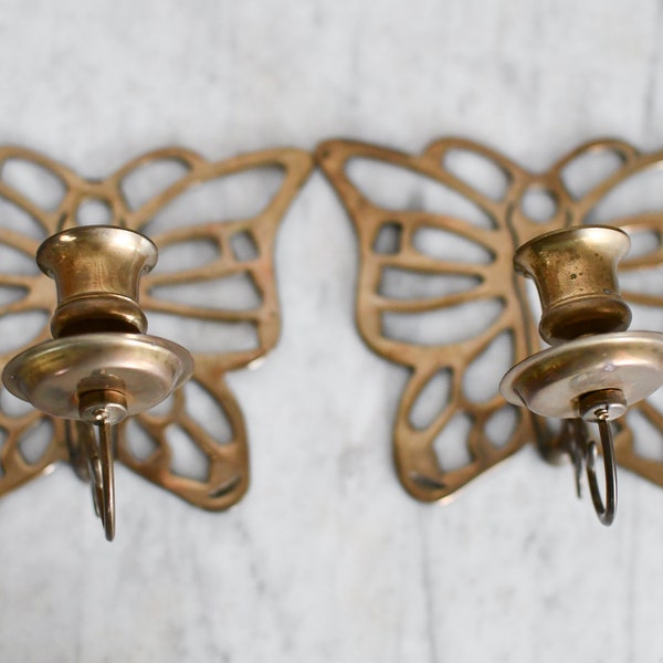 Set of Two Vintage Brass Butterfly Wall Candle Sconces