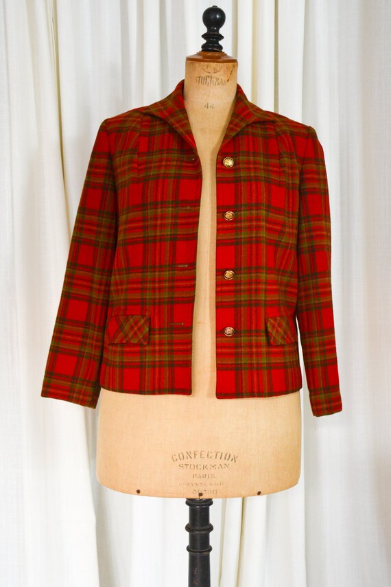 1950's Pendleton Red Plaid Wool Thistle Button De… - image 10
